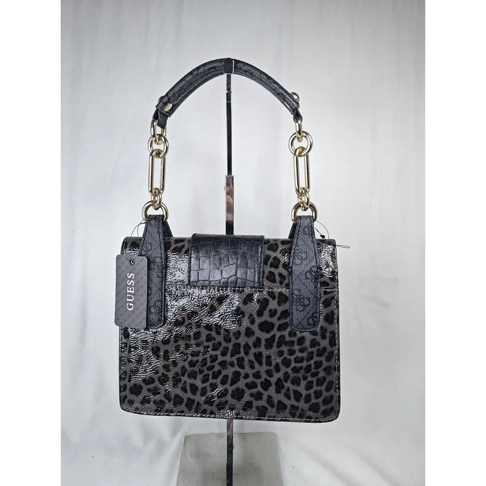 Guess Laurita LE259506 Black Leopard Print Patent Bow Flap Shoulder Handbag NWT